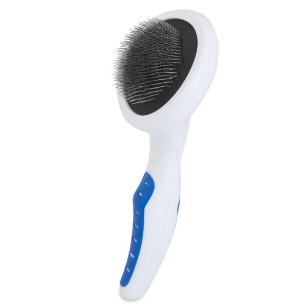 Image of a JW Gripsoft Slicker Brush for dogs, featuring a white oval head with thin metal bristles and an ergonomic blue and white handle.