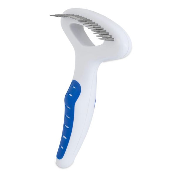 White and blue JW Gripsoft undercoat rake for dogs with curved metal teeth for removing loose fur