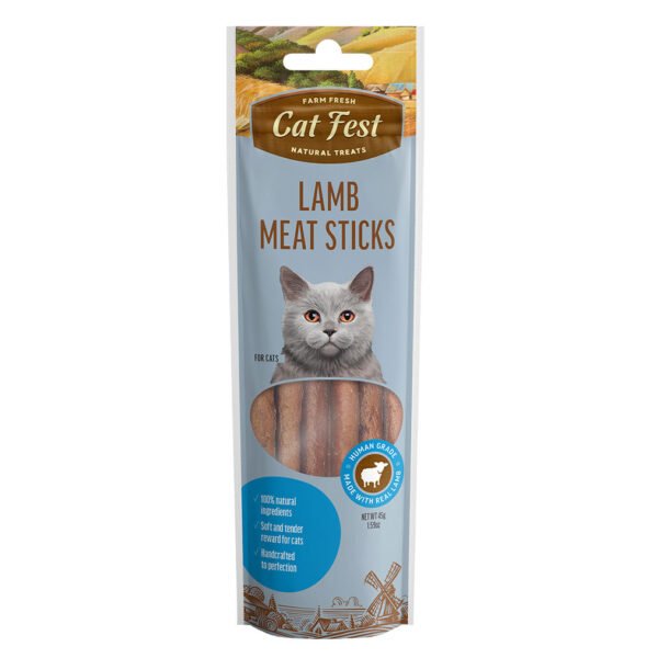 Packaging of Cat Fest Natural Treats featuring Lamb Meat Sticks with a grey cat on the front and a brown wood-texture background.