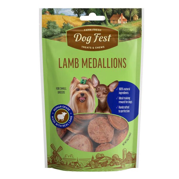 Packaging of “Lamb Medallions” from Dog Fest, featuring an image of two small breed dogs and a farm background, highlighting the product as suitable for small breeds with no artificial colors or flavors.