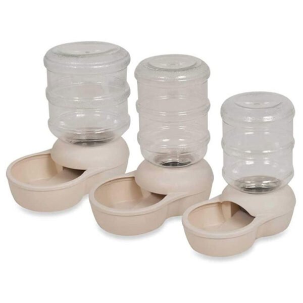 Three sizes of Lebistro Pet Waterer by Aspen Pet, featuring transparent tanks on beige bases