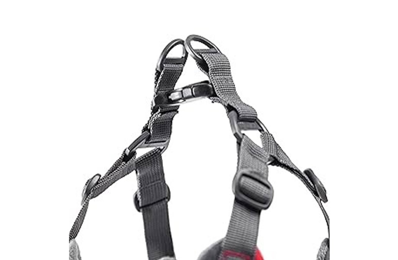 Close-up of a dog harness with black webbing straps and gray POM plastic buckles and adjusters, highlighting lightweight and strong hardware.