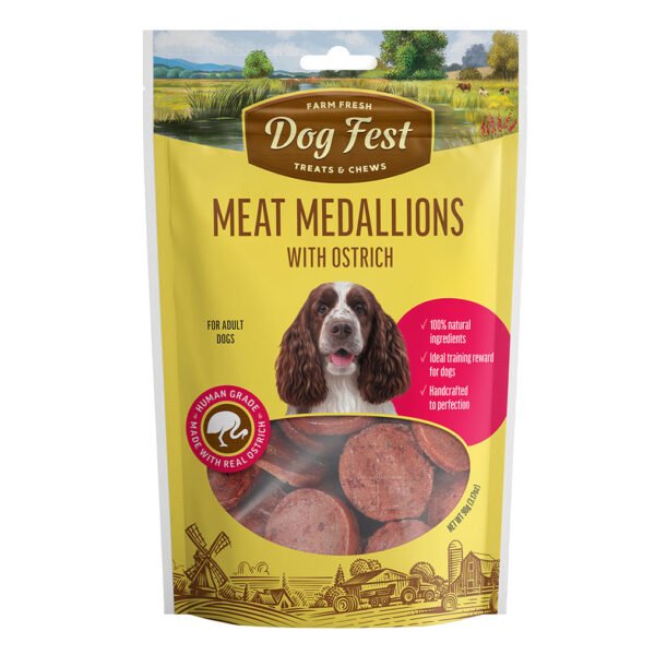 Packaging of Dog Fest Treats featuring Meat Medallions with Ostrich for adult dogs, displaying the product against a yellow background with farm imagery and a dog.