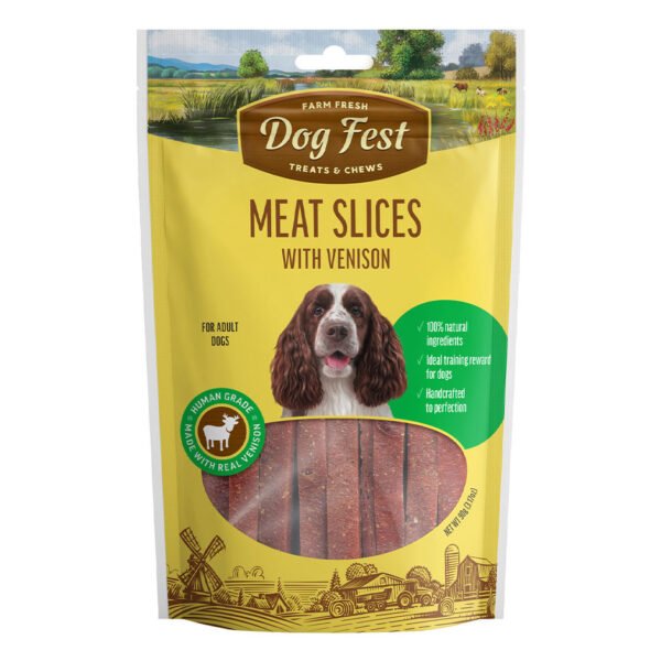 A vibrant yellow package of “Dog Fest Treats & Chews” featuring “Meat Slices with Venison” for adult dogs, with a clear window displaying the product and a happy dog on the label.