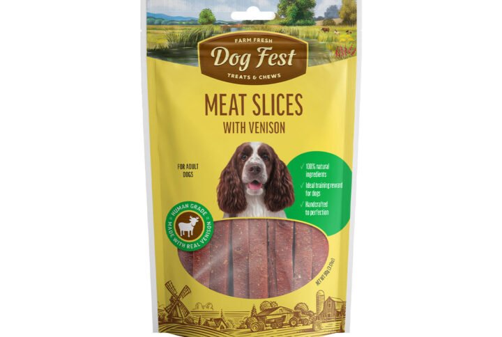 A vibrant yellow package of “Dog Fest Treats & Chews” featuring “Meat Slices with Venison” for adult dogs, with a clear window displaying the product and a happy dog on the label.