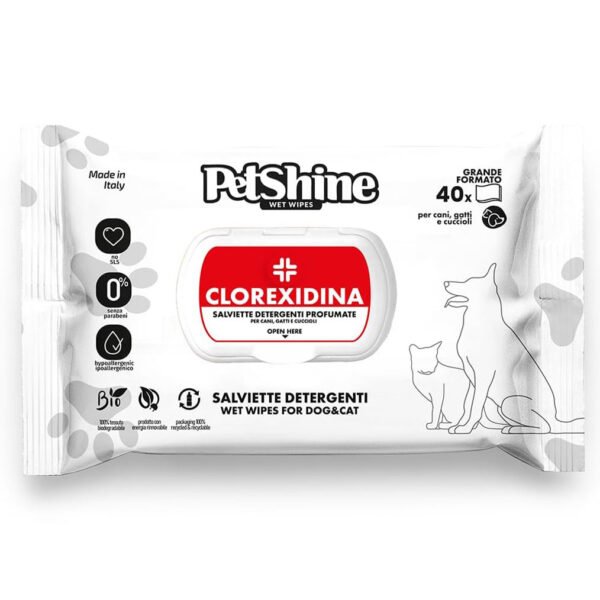 Pack of PetShine Wet Wipes for Dogs and Cats - Clorexidina, 40 pcs, Hypoallergenic, Paraben-Free, Alcohol-Free