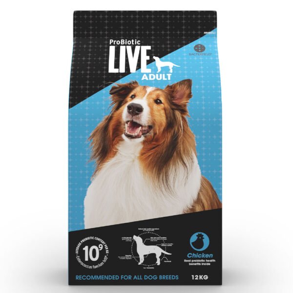 Image of a 12KG bag of ProBiotic LIVE Adult Chicken dog food, featuring a vibrant image of an adult Shetland Sheepdog and icons indicating the product is suitable for all dog breeds, contains chicken, and offers 10% more probiotics.