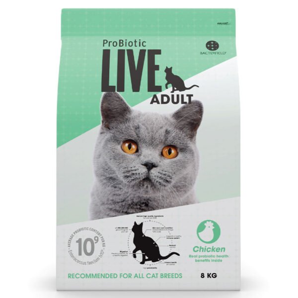 Packaging of ProBiotic LIVE Adult Chicken Dry Cat Food, 8 kg bag with green design and grey cat image, suitable for all cat breeds.