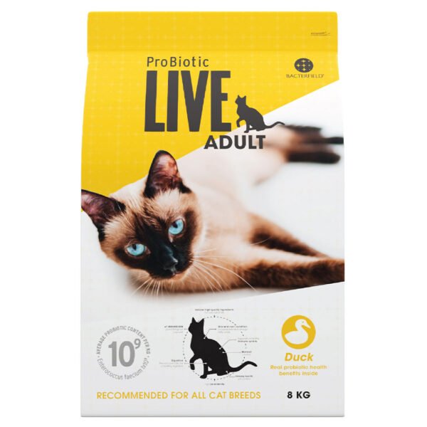 Packaging of ProBiotic LIVE Adult Duck formula featuring a Siamese cat with striking blue eyes on a yellow background, indicating the product is suitable for all cat breeds and weighs 8 kilograms