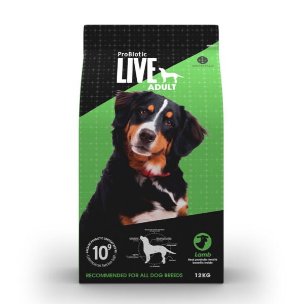 Image of a 12KG bag of ProBiotic LIVE Adult Lamb dog food, featuring a healthy-looking adult dog with a glossy coat, the product is recommended for all dog breeds and contains essential probiotics.