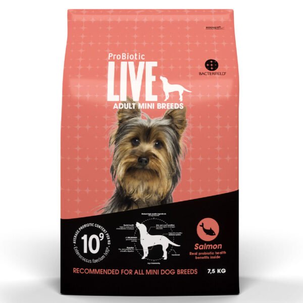 Packaging of ProBiotic LIVE salmon-flavored dog food for adult mini breeds featuring a Yorkshire Terrier, with icons indicating 10% protein content and suitability for all mini dog breeds.