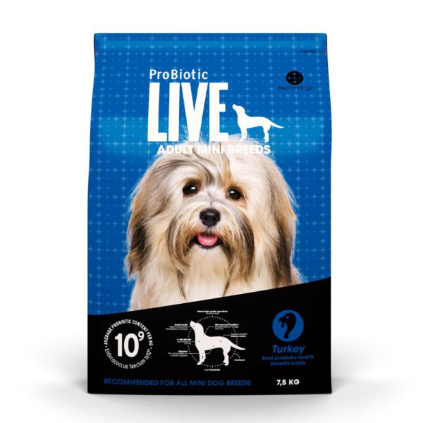 Packaging for ProBiotic LIVE Adult Mini Breeds Turkey dog food in blue with dog and turkey icons, indicating suitability for all mini dog breeds and weighing 7.5 KG.