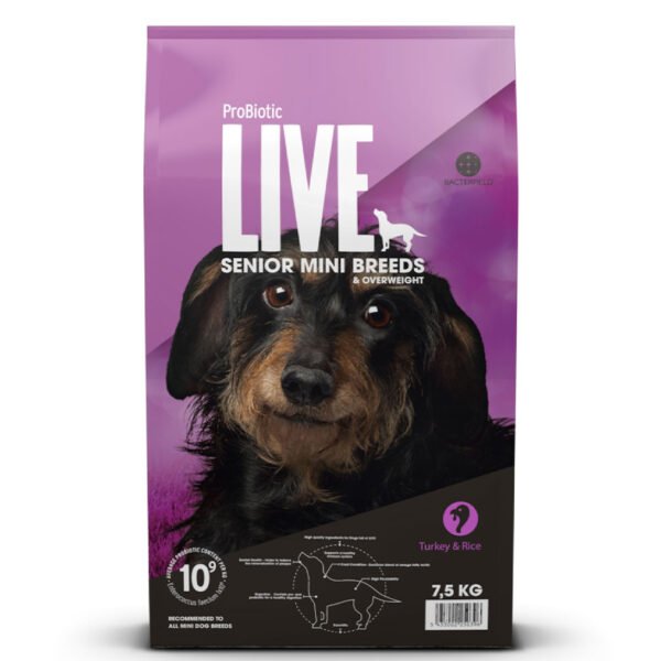 Image of a 7.5 kg bag of ProBiotic LIVE Adult Mini Breeds dog food, featuring Turkey & Rice flavor, with a black and brown dog on the purple packaging.