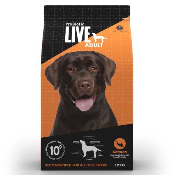 Packaging of ProBiotic LIVE Adult Salmon & Rice Dog Food featuring a Labrador Retriever, suitable for all dog breeds with an additional 10% free product offer.