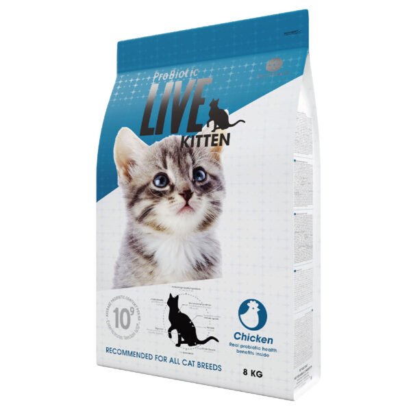 Image of an 8-kilogram bag of ProBiotic LIVE Kitten dry cat food featuring a grey kitten and chicken icons, emphasizing digestive health benefits