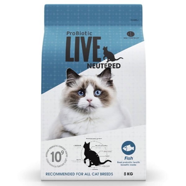 Image of a blue and white package of ProBiotic LIVE Neutered Dry Cat Food featuring a Ragdoll cat and icons indicating fish flavor, dental health benefits, and suitability for all cat breeds.