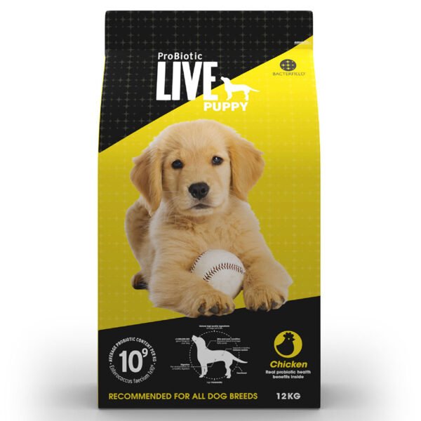 Packaging of ProBiotic LIVE Puppy Chicken featuring a yellow Labrador puppy holding a white ball, with prominent chicken flavor, suitable for all dog breeds, 12KG bag.