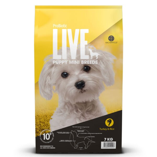 Yellow packaging for ProBiotic LIVE Puppy Mini Breeds with Turkey & Rice flavor, featuring probiotics icon and adult weight guide for mini breeds up to 10kg.