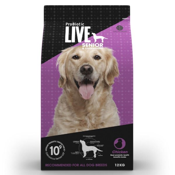 Packaging of ProBiotic LIVE Senior & Overweight Chicken formula featuring a happy golden retriever, weight management icons, and a 10% more probiotics guarantee.