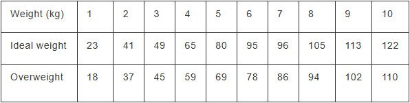 Feeding guide chart for cats based on weight and age, detailing recommended daily feeding amounts in grams.