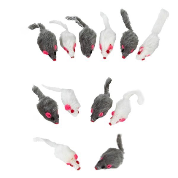 Close-up of eleven Petmate Soft Bite Mice cat toys, featuring grey and white plush mice with pink ears, red noses, and long tails.