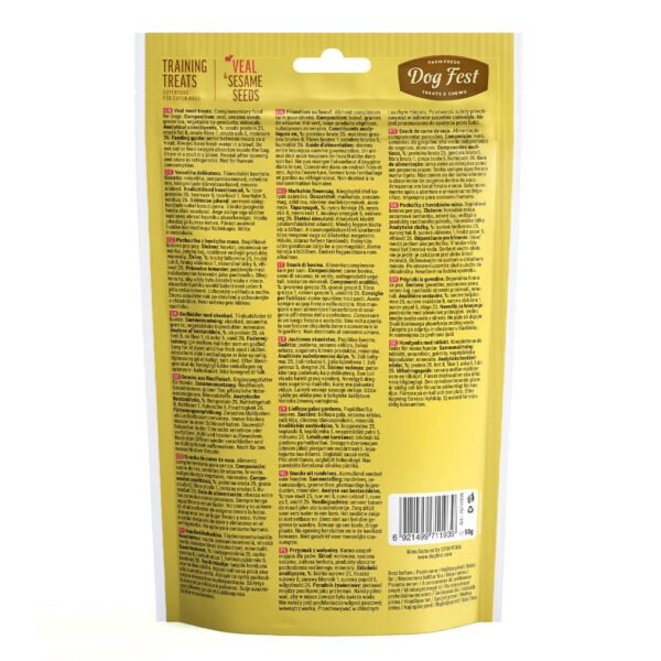 Back of the packaging for Superfood Dog Fest Training Treats featuring Veal and Sesame Seed flavor, with detailed product information, ingredients, nutritional facts, and barcode visible.