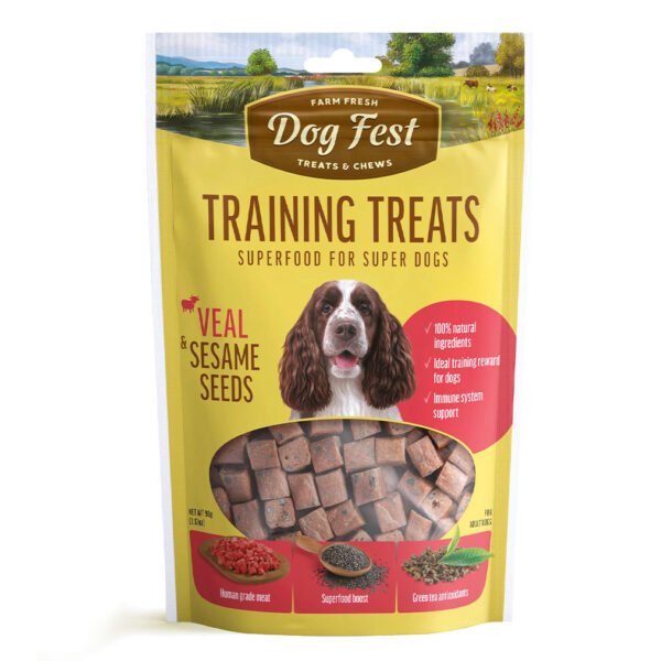 Packaging of Superfood Dog Fest Training Treats for Adult Super Dogs featuring Veal and Sesame Seed flavor, with an image of a Springer Spaniel dog and small, brown, bone-shaped treats.