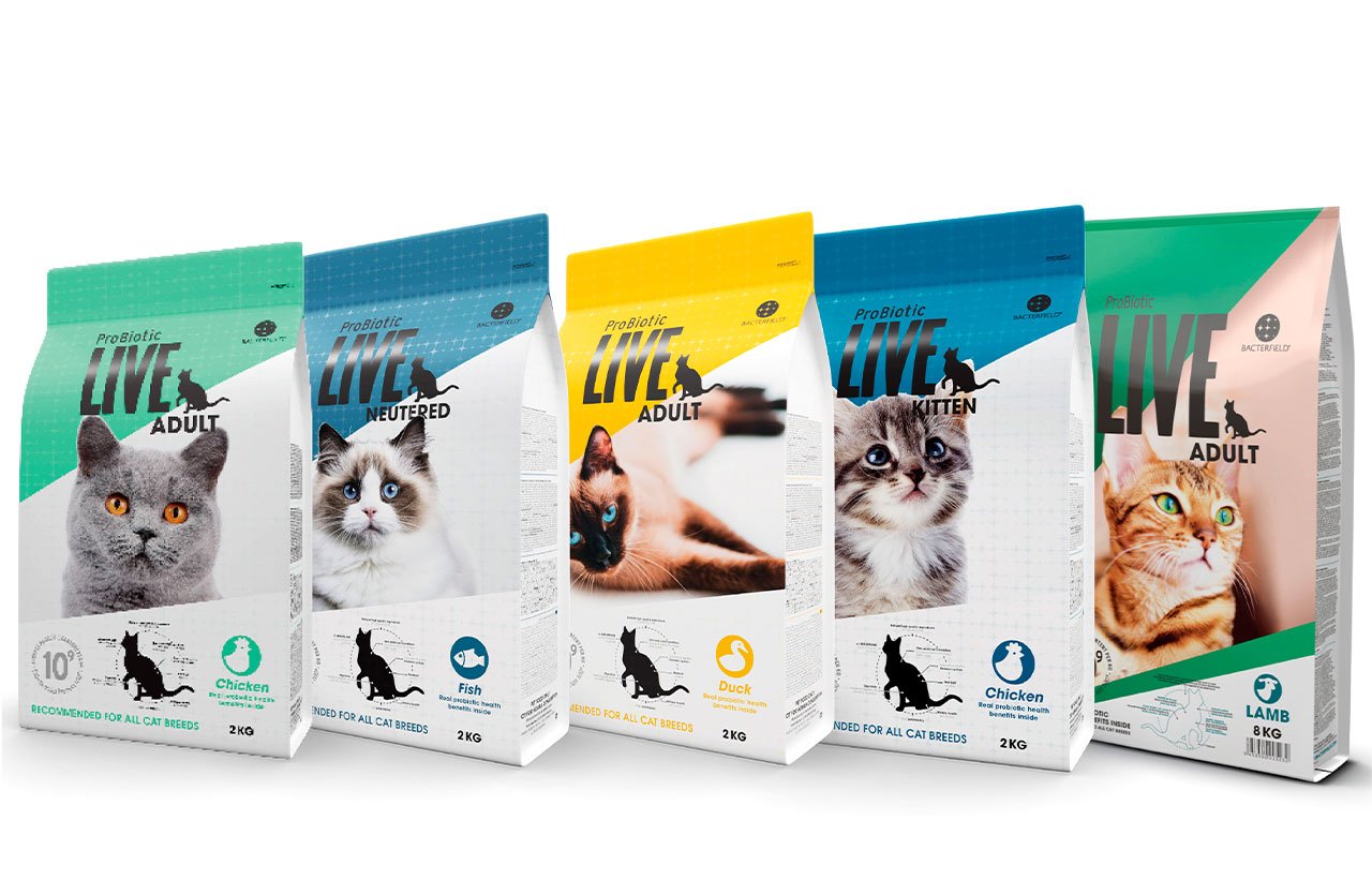 Lineup of ProBiotic LIVE pet food packages showcasing variety in flavors, weight classes, and life stages for cats