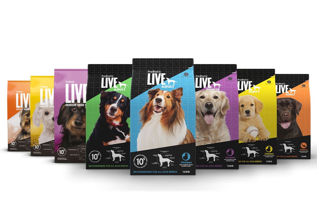 Lineup of ProBiotic LIVE pet food packages showcasing variety in flavors, weight classes, and life stages for dogs