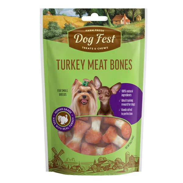 Packaging of Dog Fest Turkey Meat Bones treats for small breeds featuring two dogs and farm imagery, highlighting 100% natural ingredients and dental health benefits.