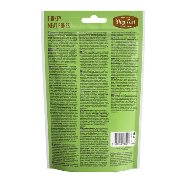 Back of Dog Fest Turkey Meat Bones package with detailed product information, including ingredients and usage instructions.