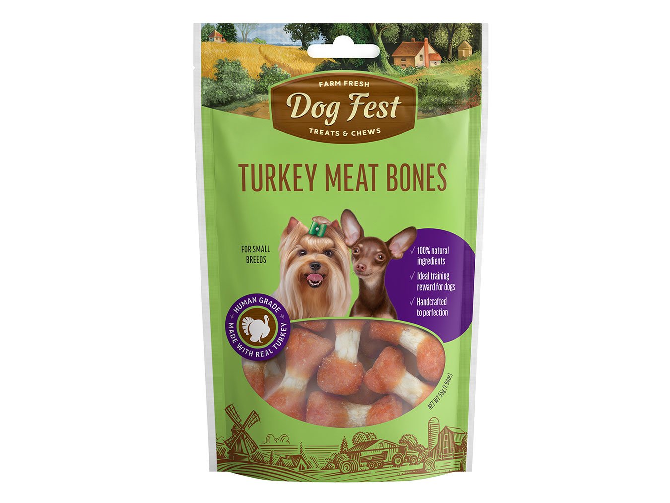 Packaging of Dog Fest Turkey Meat Bones treats for small breeds featuring two dogs and farm imagery, highlighting 100% natural ingredients and dental health benefits.