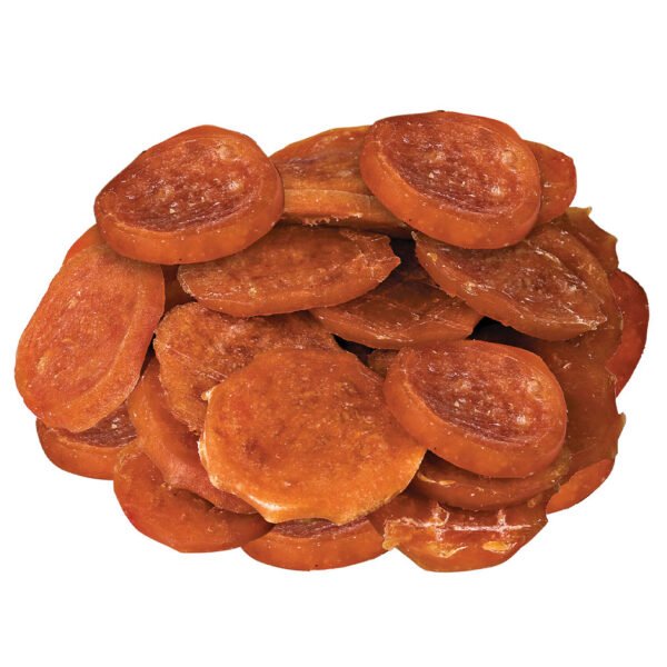 Close-up view of “Dog Fest Treats & Chews Turkey Medallions,” showing a pile of round, orange-brown medallions against a white background.