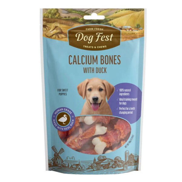 Package of Dog Fest Calcium Bones with Duck treats for puppies, featuring bone-shaped treats and a happy puppy