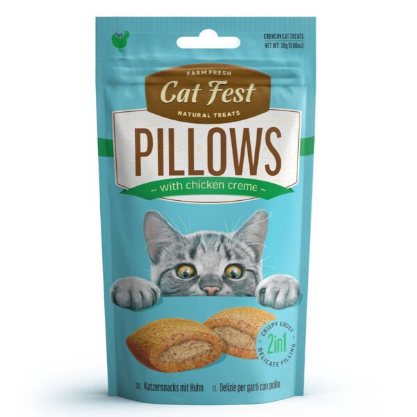 Packaging of Cat Fest Natural Treats Pillows, featuring chicken crème flavor, farm fresh, natural treats, and an adorable cat peeking over.