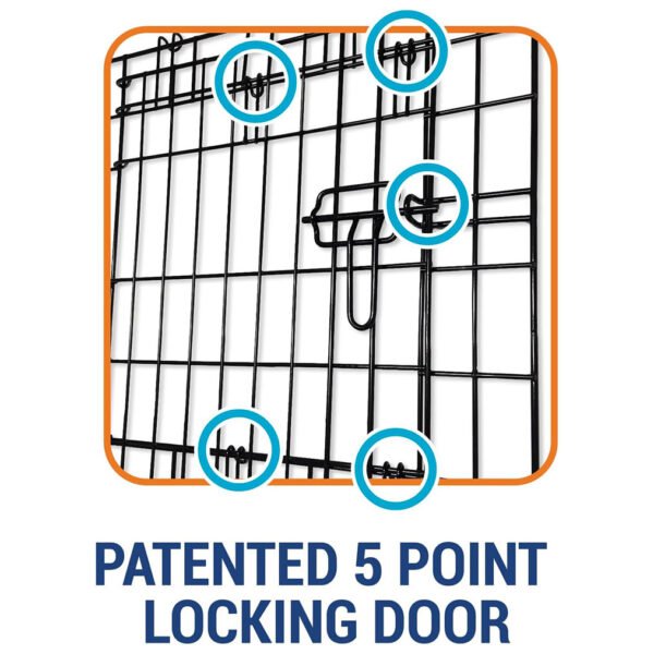 Close-up of the One Door ProValu Wire Dog Crate by Precision Pet Products®, highlighting the patented 5-point locking door feature.