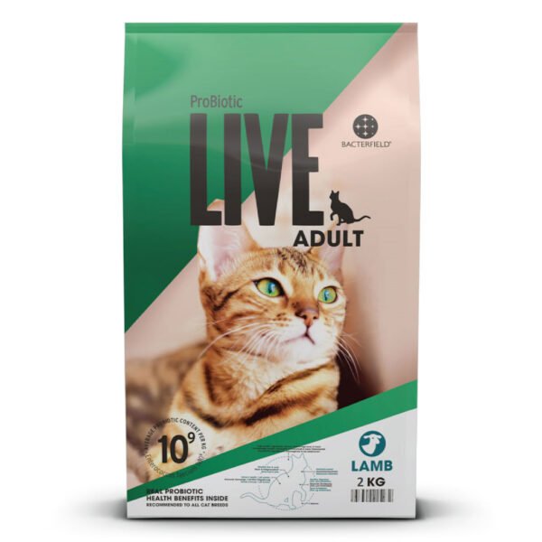 Packaging of ProBiotic LIVE Adult Lamb Dry Cat Food featuring an orange tabby cat and key benefits like "10+ Health Benefits" and "Prebiotics & Probiotics"