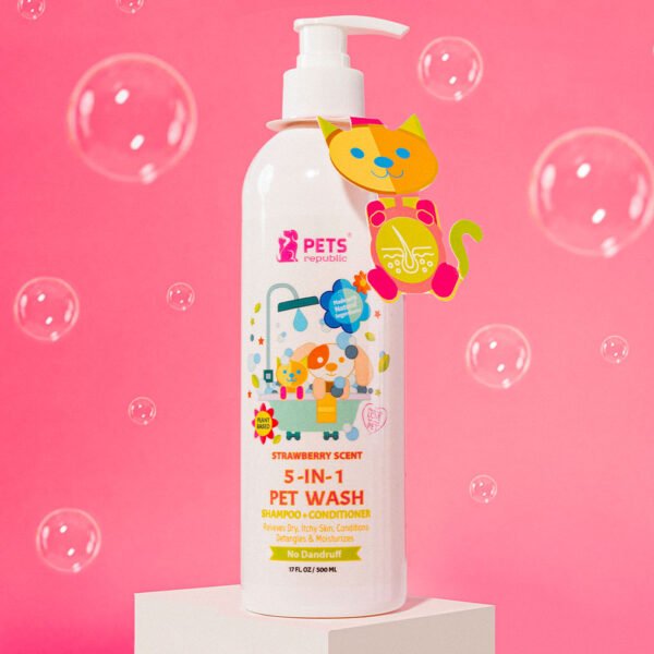 500ml bottle of Pets Republic 5-In-1 Shampoo & Conditioner for Dogs and Cats with strawberry scent, featuring a pump dispenser and playful graphics