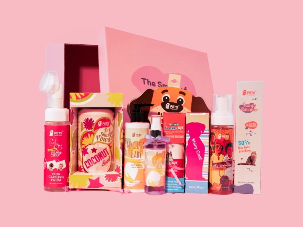 Complete Care Deluxe Cutie Dog Hygiene Kit with Pets Republic Dry Foam Shampoo 250ml, Dry Powder Shampoo 500ml, Perfume 125ml, Hair & Coat Serum with Coconut oil 125ml, Ultra Fresh Up Oral Spray 110ml, Tangle Remover 250ml, All-in-One Body Wash in a Sponge Dog, Paw Care Cleaning Foam 250ml, and Tearless Shampoo 250ml