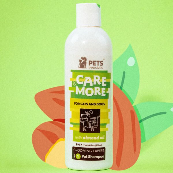 Pets Republic Care & More 500ml Shampoo bottle with almond oil, cleans, conditions, deodorizes, moisturizes, and detangles