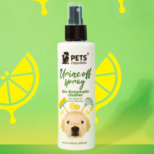 236ml bottle of Pets Republic Urine Off Spray, a bio-enzymatic cleaner with citrus for dog and puppy potty training