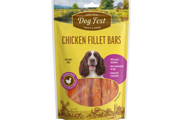 Packaging of Dog Fest Chicken Fillet Bars featuring a happy dog, farm imagery, and product details