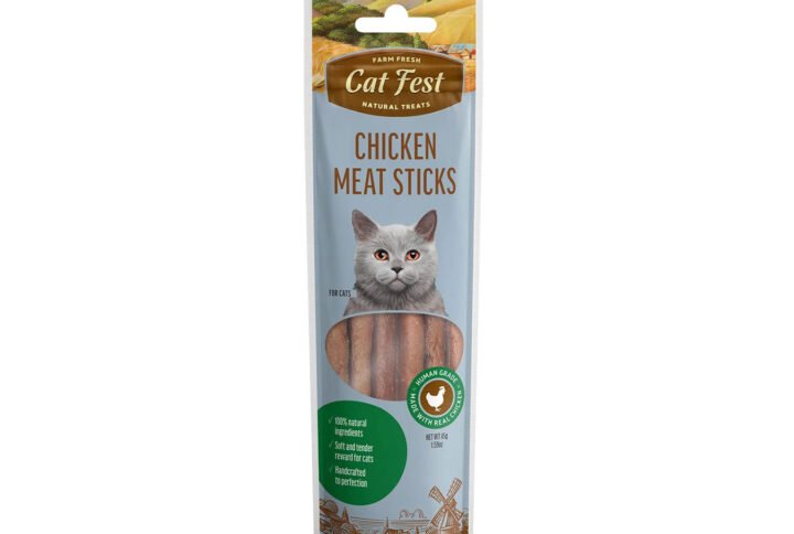 Packaging of Cat Fest Chicken Meat Sticks featuring a grey cat and the product’s natural ingredients, with a ‘Grain Free’ badge.
