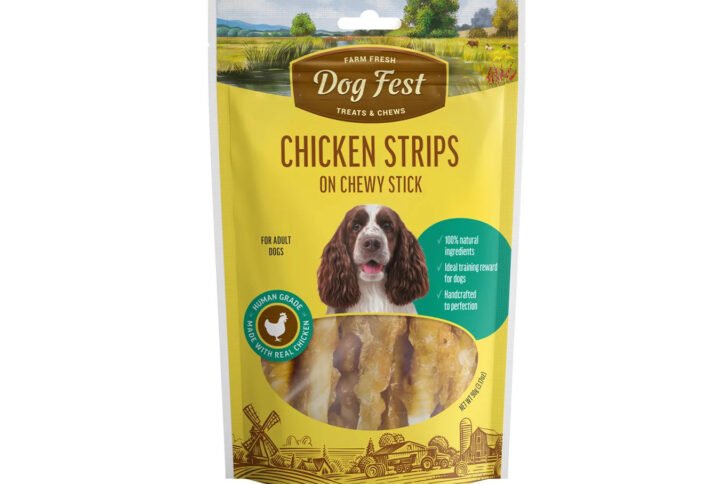 Packaging of Dog Fest Chicken Strips on Chewy Stick treats for adult dogs, featuring 100% natural ingredients.