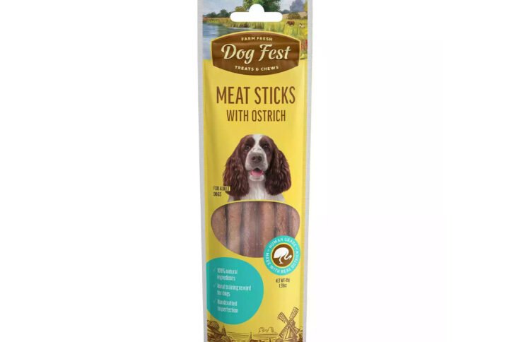 Packaging of Dog Fest Meat Sticks with Ostrich for Adult Dogs, featuring an image of a dog and highlighting the ostrich flavor.