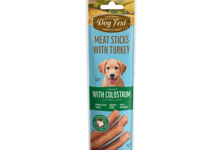 Packaging of Dog Fest Meat Sticks for puppies featuring turkey flavor, enriched with colostrum, and labeled as grain-free.