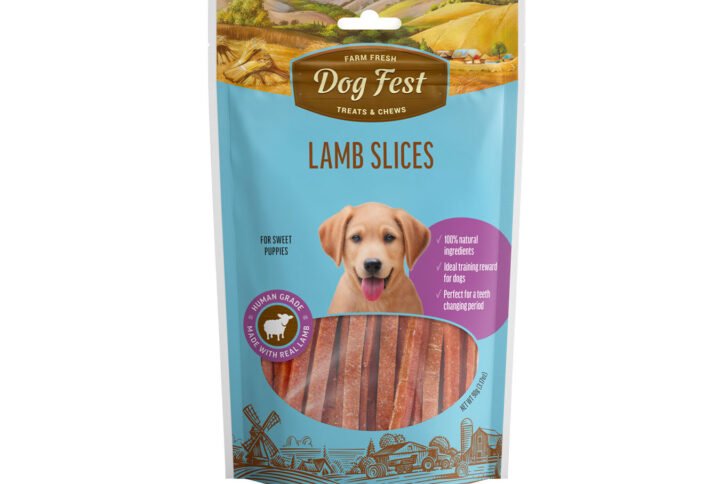 A package of Dog Fest Lamb Slices featuring a happy puppy, with a clear window showing the treats, labeled as grain-free and made with all-natural ingredients.