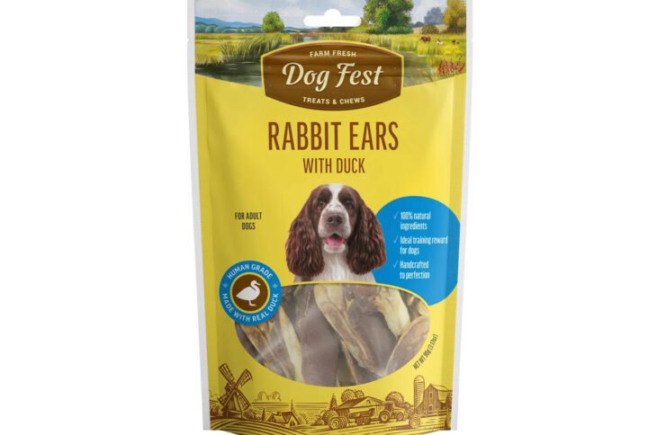 Packaging of Dog Fest Rabbit Ears with Duck treats for small breeds featuring a happy dog, farm imagery, and product details.
