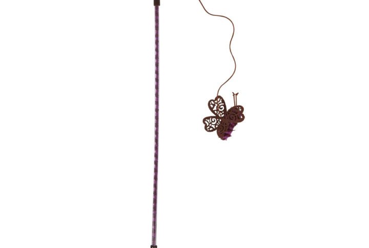 Image of a JW Interactive Butterfly Cat Wand, featuring a long purple wand with a flexible string attached to a brown butterfly figure designed to entice and engage cats in playful activity.