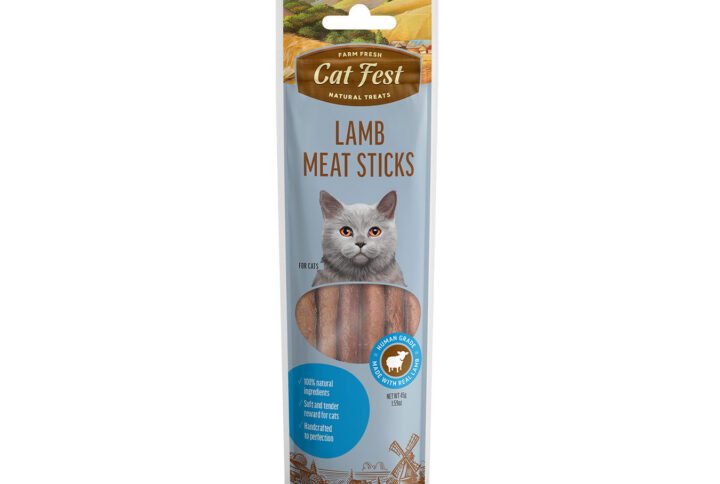 Packaging of Cat Fest Natural Treats featuring Lamb Meat Sticks with a grey cat on the front and a brown wood-texture background.